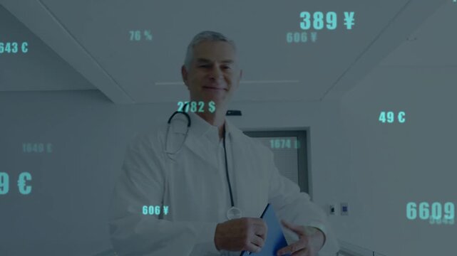 Senior doctor reading notes looking up moving and greeting while health &euro;$&yen;&pound; values floating
