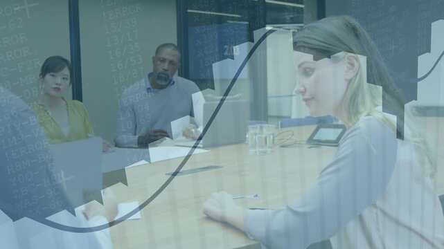 Blonde woman turning and reaching table man sliding docs for business meeting charts over frames