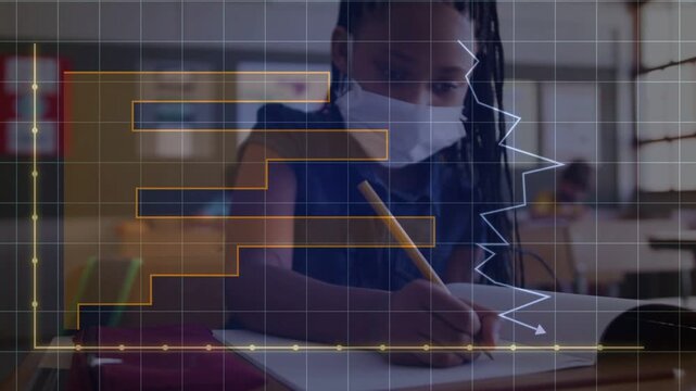 Girl student writing in class with pencil, overlay fading, causing charts stacking for education