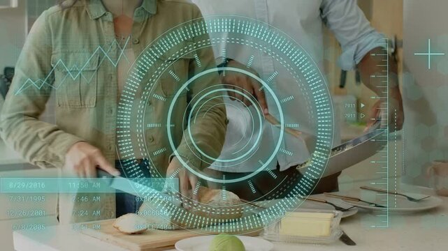 Man pointing, woman slicing bread, man stirring pan, teal HUD obscuring hands during breakfast prep