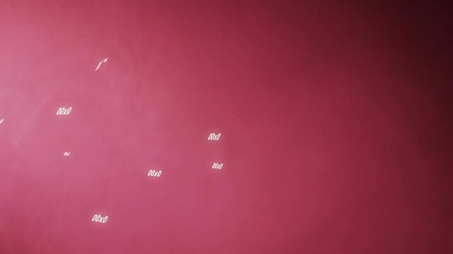 On play '00x0' clusters drifting across maroon surface streaking then fading to dim specks for tech