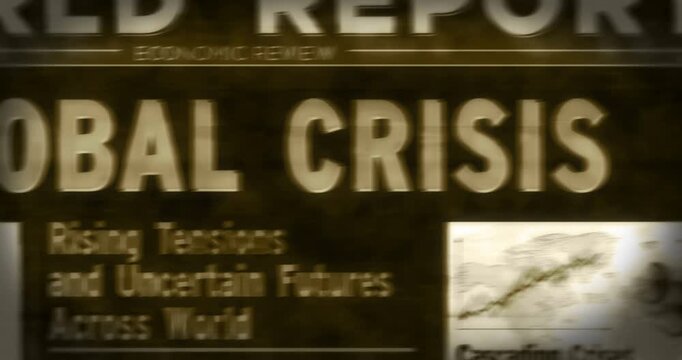 Global crisis breaking news on vintage microfilm reader. Energy and fossil fuel economy title headline newspaper on retro microfishe. Information media print looped animation. 