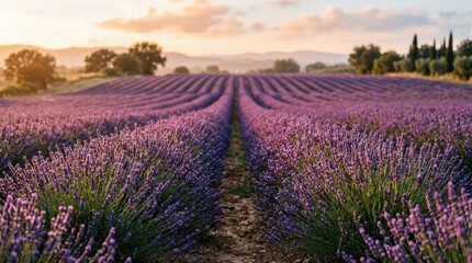 Fototapeta premium Beautiful lavender field in provence, france during a golden sunset