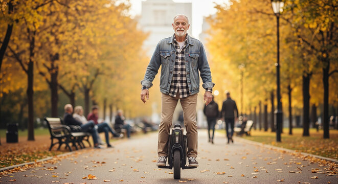 Senior Man Riding Electric Unicycle in Autumn Park