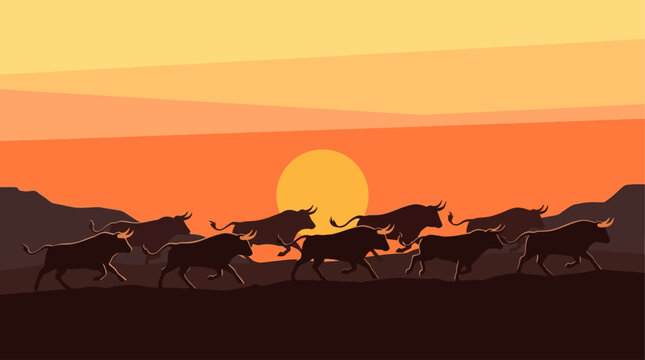Stylized flat illustration of bulls running at sunrise, inspired by the traditional Encierro festival.