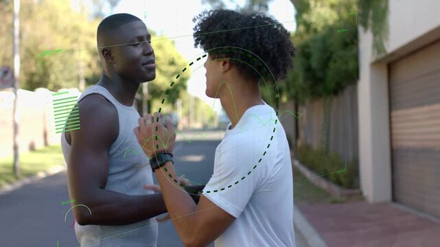 Two men approaching block sharing friendly social handshake shifting into hug releasing conversing