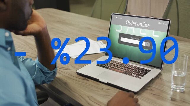 Vertical video: Man typing coupon code, monitoring discount on laptop while percent values cycling