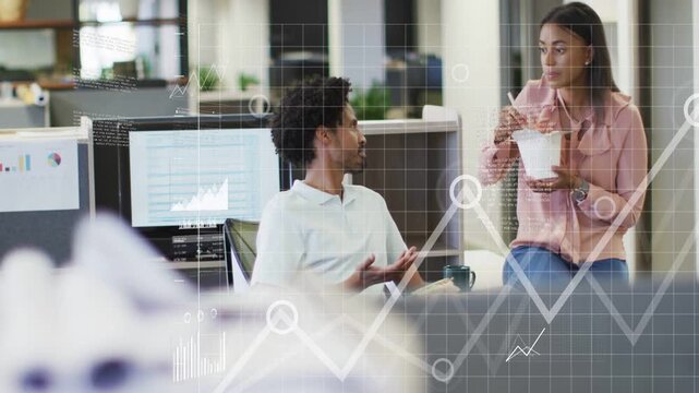 Man gesturing about data, woman eating takeout while moving business charts appearing across scene