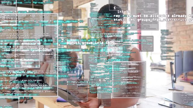 Female developer tapping tablet, generating code overlays layering over team for debugging demo