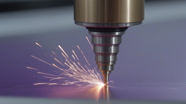 Industrial fiber laser cutting head with copper nozzle on metal sheet