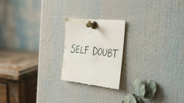 Handwritten Self Doubt Note Pinned to Wooden Wall