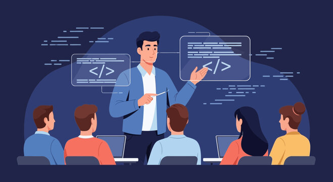 Coding Class: Teacher Instructs Students on Programming Concepts with Digital Screens