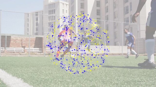 Red player dribbling and feinting, evading defender closing in, sports overlay tracking ball