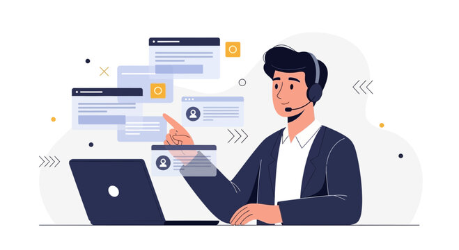 Customer support agent with headset and laptop, interacting with digital interfaces