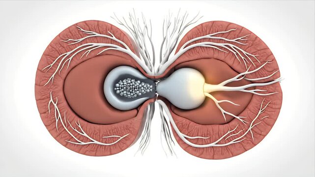 Detailed 3D CGI Cross-Section of Human Kidney Illustrating Renal Cortex Medulla and Nephron Structures with Blood Vessels on a Clean White Background