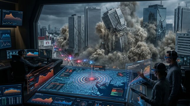 A wide-angle cinematic shot from a futuristic command post overlooking a destroyed Tokyo cityscape after a massive earthquake. Transparent AR screens display seismic data, a 3D damage map with heat 