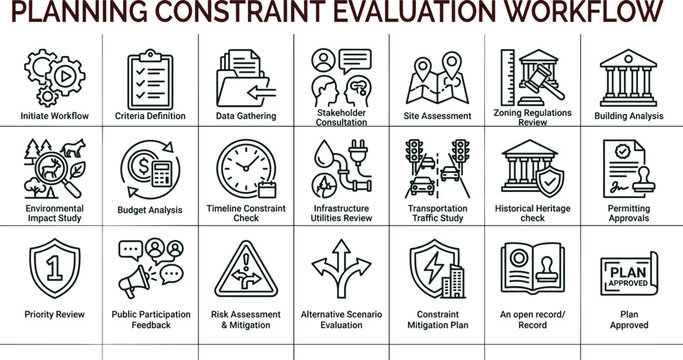 Planning constraint evaluation workflow outline icon set regulatory assessment mitigation approval process infrastructure interface vector collection toolkit