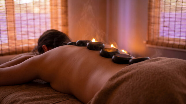Smooth heated dark stones placed on bare back in a dim spa, muscle relaxation