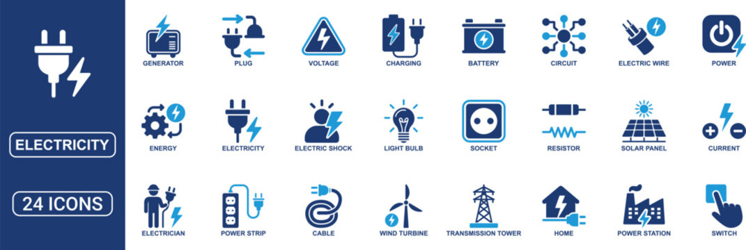 Electricity icon set with energy, power, voltage, current, plug, battery, socket and electrician symbols, modern solid vector collection for technology, engineering, UI design and electrical concepts