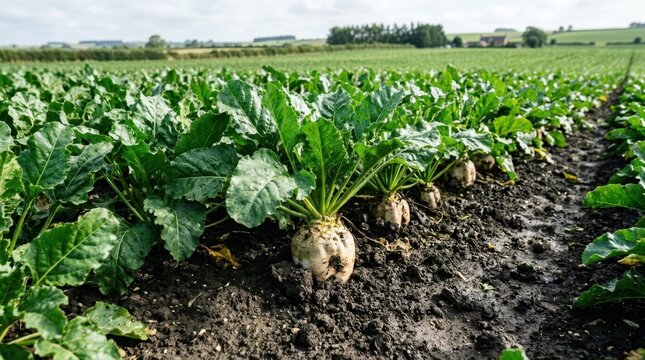 Sugar beet plants growing in a field on a sunny day