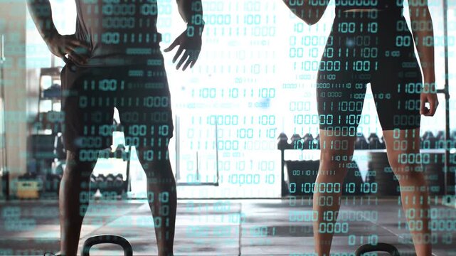 Man and woman in gym shaking hands after set, kettlebells front, binary overlay scrolling over them