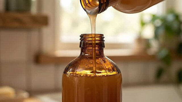 Warm refill station lifestyle scene with amber bottle glass and golden liquid pouring into glass bottle refill soap cozy minimalist kitchen window