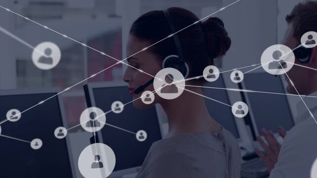 Female support agent turning to camera while network icon appearing and expanding to show links