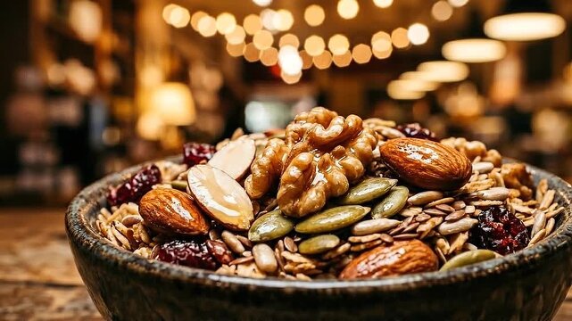 Refill snack station lifestyle healthy bowl with mixed nuts seeds and dried fruit walnut almond pumpkin sunflower cranberry cozy cafe evening light