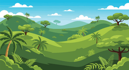 Fototapeta premium Tropical Jungle Landscape with Green Rolling Hills and Palm Trees Vector Illustration