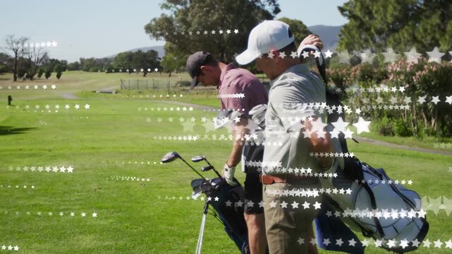 Man in pink shirt lifting driver while partner moving bag star overlay covering preparing golf shot