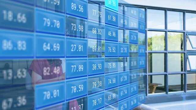 Woman leaning by grid panes holding phone, tapping and checking finance as blue tiles scrolling