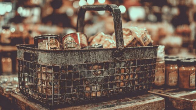 Classic metal grid shopping basket with handle filled with vintage goods