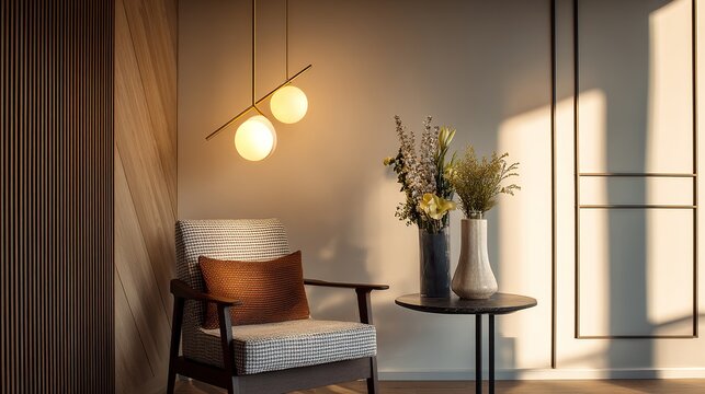 A modern living room with a chair, side table, and vase of flowers in a serene and peaceful atmosphere.