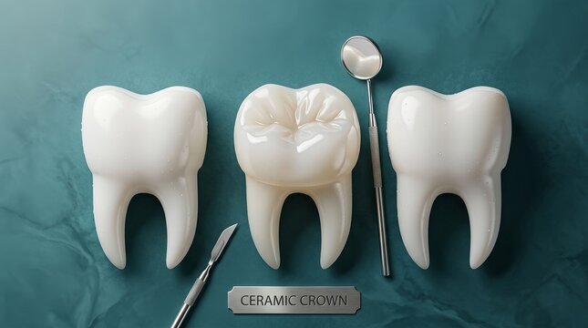 Realistic ceramic dental crown with dental instruments and tooth replicas shown