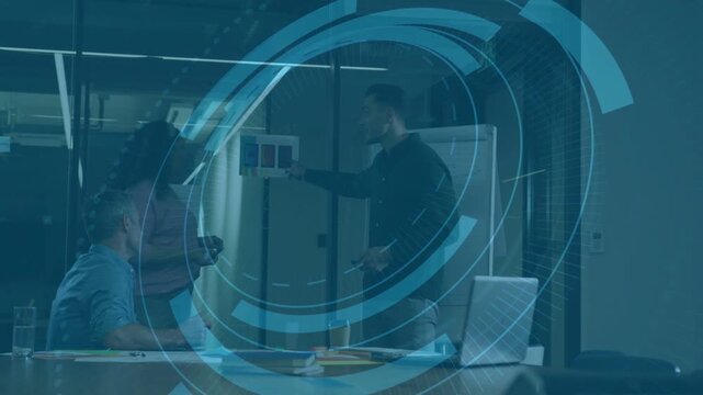 Lead pointing at color board starting HUD, business team checking swatch while lead drawing chart