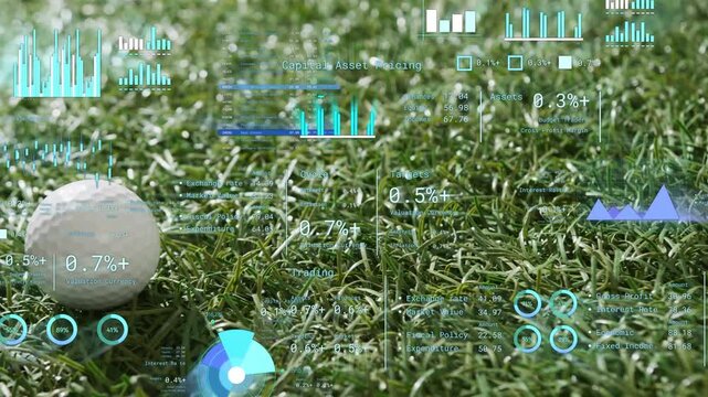 Golf ball entering from left and rolling on turf, HUD charts, gauges updating for finance analysis