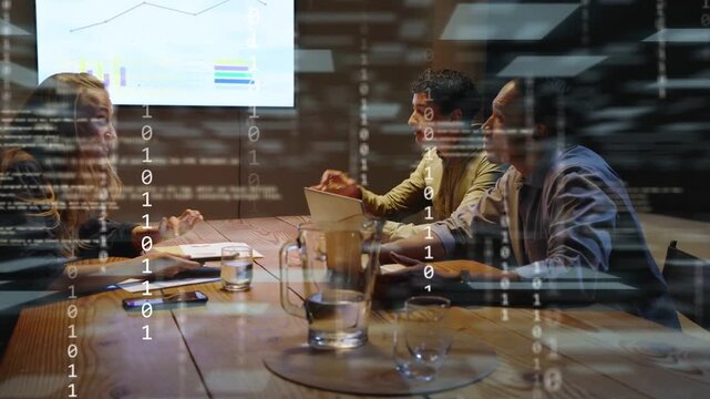 Biz team sitting at desk charts sparking talk code overlay hiding view woman using tablet deciding