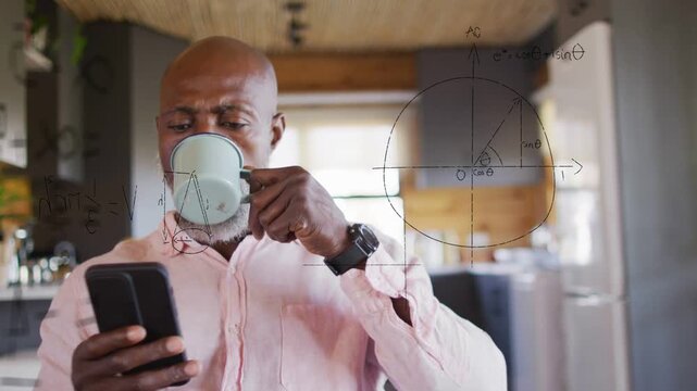 Man reading smartphone and sipping mug, studying math, initiating diagrams expanding over frame