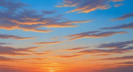 Obraz premium Beautiful sunset sky with soft orange and pink clouds stretching across a blue horizon
