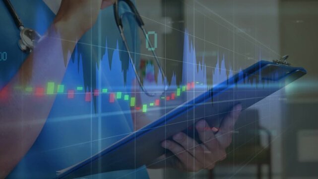 Male medic holding clipboard, tapping, recording notes while financial chart moving across torso