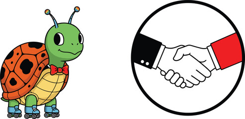 Cute cartoon ladybug character on roller skates and handshake icon symbolizing agreement partnership trust, playful mascot and business cooperation concept illustration © MstLinaAkter