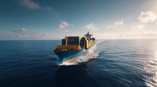 Container Ship Navigating Calm Ocean Waters Under Bright Blue Sky During Daylight with Reflection on Water Surface
