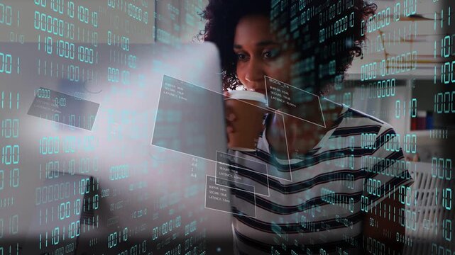 Female developer leaning at monitor on update, scanning binary UI panels for review, sipping coffee