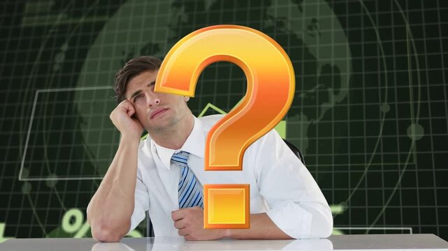 Male analyst leaning, fidgeting as orange ? sliding in covering face, seeking finance insight