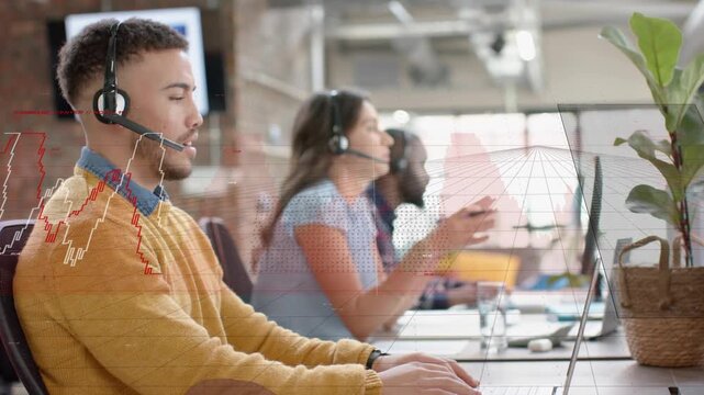 Lead agent typing on laptop after incoming support call starting, data charts expanding over team