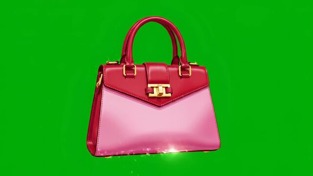 Elegant Pink and Red Handbag with Golden Buckle on Green Screen.