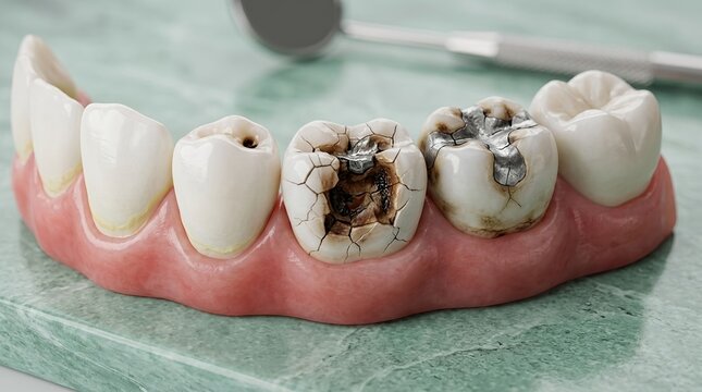 Decayed teeth with large metal fillings and extensive enamel cracks on human gums