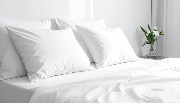 A clean and comfortable white bed with soft pillows and luxury linen features a modern headboard design within a bright hotel bedroom interior