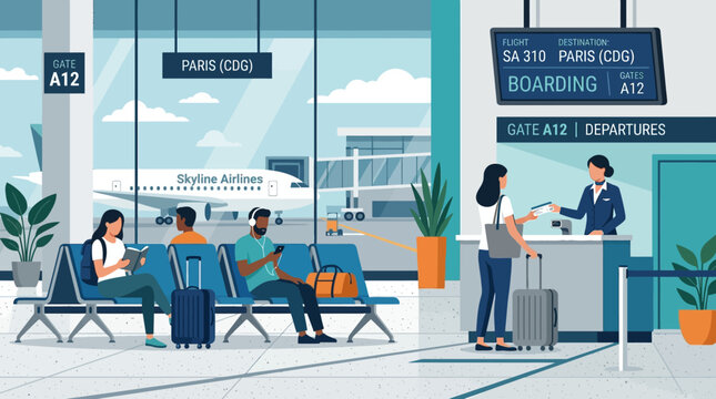 Diverse passengers waiting and boarding at an airport gate in clean flat vector illustration