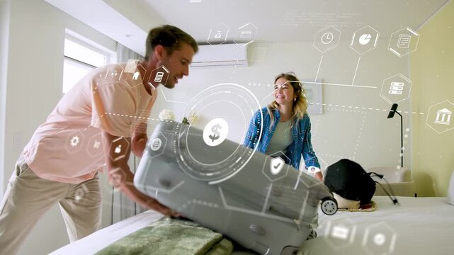 Couple entering hotel room placing remote, moving suitcase and hat, booking UI showing $